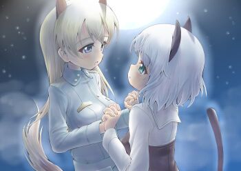 2girls animal_ears blue_eyes blue_jacket breasts cat_ears cat_girl cat_tail cloud cloudy_sky eila_ilmatar_juutilainen flying fox_ears fox_girl fox_tail full_moon green_eyes grey_hair highres holding_hands interlocked_fingers jacket long_hair looking_at_another medium_breasts military military_uniform moon multiple_girls night night_sky orokana_nekku_guusu outdoors sanya_v._litvyak short_hair sky star_(sky) strike_witches tail white_hair white_jacket world_witches_series yuri