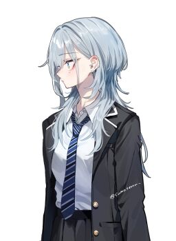 1girl aegyo_sal arms_at_sides black_jacket black_skirt blazer blue_eyes blue_necktie blush breasts buttons closed_mouth collared_shirt commentary_request diagonal-striped_clothes diagonal-striped_necktie dress_shirt ear_piercing earrings expressionless facing_viewer grey_hair haimiya_mio_(kamiyama_sumu) hair_behind_ear hair_between_eyes highres jacket jewelry kamiyama_sumu lapels light_blush long_hair long_sleeves looking_to_the_side medium_breasts mole mole_under_eye necktie nose notched_lapels open_clothes open_jacket original piercing pleated_skirt profile school_uniform shirt shirt_tucked_in sidelocks simple_background skirt solo striped_clothes striped_necktie stud_earrings twitter_username upper_body white_background white_shirt wolf_cut