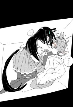 ... 2girls absurdres agnes_tachyon_(umamusume) animal_ears blush bow bowtie commentary_request gachitamago greyscale highres horse_ears horse_girl horse_tail lab_coat long_hair looking_at_another manhattan_cafe_(umamusume) monochrome multiple_girls pleated_skirt school_uniform short_hair skirt speech_bubble spoken_ellipsis spot_color stuck_in_a_box tail thighhighs tracen_school_uniform translation_request umamusume yuri