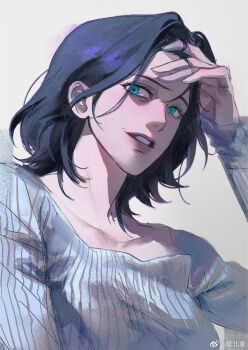 1girl black_hair collarbone grey_background grey_eyes grey_sweater hand_on_own_head head_tilt highres like_mother_like_daughter long_sleeves looking_at_viewer looking_to_the_side lurline38996 nervous parted_lips pink_lips shade short_hair simple_background solo somyung&#039;s_mother_(like_mother_like_daughter) sweater teeth watermark wavy_hair weibo_username weibo_watermark