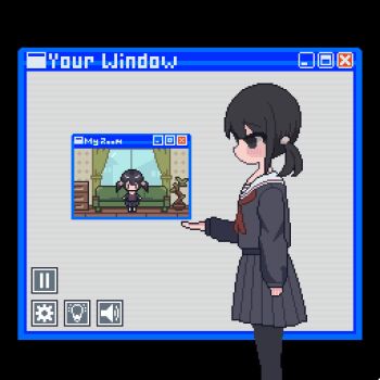 1girl animated animated_gif bed bedroom black_eyes black_hair black_pantyhose black_shirt black_skirt blush book buttons child couch desk english_text female_focus necktie original pantyhose pause_button pixel_art plant potted_plant red_necktie school_uniform screen serafuku shirt short_hair skirt sleeping solo sotie standing twintails user_interface walking window window_(computing)