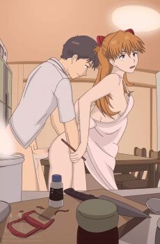 animated animated_gif apron breasts from_side highres ikari_shinji kitchen kitchen_knife knife naked_apron neon_genesis_evangelion nipples orange_hair sex sex_from_behind small_breasts souryuu_asuka_langley tagme vaginal