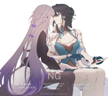 Rule 34 | 2girls, aqua dress, aqua gloves, ascot, bead necklace, beads, blue gloves, chinese clothes, clothing cutout, collar, dress, flower, gloves, green collar, green dress, herta (honkai: star rail), highres, honkai: star rail, honkai (series), jewelry, long hair, multiple girls, necklace, pearl necklace, purple eyes, purple flower, purple nails, ruan, ruan mei (honkai: star rail), sieka (piiroinardesco), the herta (honkai: star rail), white ascot, yuri