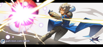 1boy artist_name blue_coat blue_gloves closed_mouth coat commentary gloves grey_hair leg_up letterboxed male_focus nintendo orange_eyes orlek pants patreon_logo poke_ball poke_ball_(basic) pokemon pokemon_colosseum short_hair solo standing standing_on_one_leg throwing watermark web_address wes_(pokemon)
