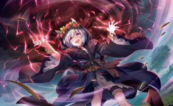1girl animal_ears artist_request belt belt_buckle belt_collar black_belt black_robe bracelet buckle cloud cloudy_sky collar day dress dutch_angle ear_covers electricity electrokinesis evil_smile feet_out_of_frame field flower flower_hairband frilled_sleeves frills fur-trimmed_robe fur_trim game_cg gold_bracelet gold_buckle grass grey_dress grey_hair hair_between_eyes happy hood hood_up hooded_robe horse_ears horse_girl horse_tail horseshoe_ornament jewelry leaf light_particles long_sleeves looking_ahead multiple_bracelets official_alternate_costume official_art open_mouth outdoors palms purple_eyes red_flower robe seiun_sky_(paint_the_sky_red)_(umamusume) seiun_sky_(umamusume) shaded_face short_dress short_hair single_ear_cover sky smile solo standing storm tail thigh_strap thighlet torn_clothes torn_dress tree umamusume wide_sleeves wind