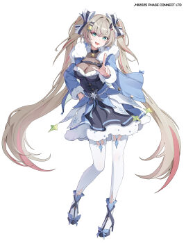 1girl absurdres bell black_dress black_ribbon black_shoes blonde_hair breasts chest_belt commentary copyright_notice dress english_commentary fangs full_body fur-trimmed_dress fur_trim green_eyes hair_ornament high_heels highres kurimui2 long_hair neck_bell open_mouth phase_connect pink_hair ribbon rinkou_ashelia see-through_cleavage see-through_clothes shoes smile solo star_(symbol) star_hair_ornament twintails two-tone_ribbon virtual_youtuber white_background white_ribbon