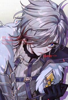 Rule 34 | 1boy, akaneya (akaneya1484), artist name, black gloves, blue eyes, chest harness, closed mouth, coat, commentary request, dated, fur-trimmed coat, fur trim, genshin impact, gloves, grey coat, grey hair, hair between eyes, hair over one eye, hand up, harness, highres, illuga (genshin impact), long sleeves, looking at viewer, male focus, mole, mole under eye, multicolored hair, one eye covered, open clothes, open coat, parted bangs, red hair, ribbed sweater, serious, short hair, signature, sleeveless, sleeveless sweater, solo, sweater, swept bangs, turtleneck, turtleneck sweater, twitter username, two-tone hair, upper body, v-shaped eyebrows, watermark, white sweater