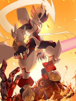 1boy absurdres adapted_costume android armor black_bodysuit blonde_hair blood bodysuit commentary_request energy_sword highres holding holding_sword holding_weapon long_hair male_focus mega_man_(series) mega_man_zero_(series) mega_man_zero_3 neon_trim official_alternate_costume omega_(mega_man) omochi_(mochi_skymega) power_armor shoulder_armor sword sword_on_back weapon weapon_on_back white_armor