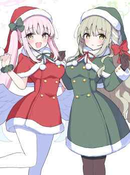 2girls angel_wings aqua_hair black_pantyhose blue_archive blush bow breasts brown_hair buttons capelet commentary_request double-breasted dress feathered_wings fur-trimmed_capelet fur-trimmed_dress fur-trimmed_sleeves fur_trim gradient_hair green_capelet green_dress green_halo green_hat hair_between_eyes halo hat highres long_hair looking_at_viewer low_wings medium_breasts mika_(blue_archive) miyo_(blue_archive) multicolored_hair multiple_girls open_mouth pantyhose pink_hair pink_halo pom_pom_(clothes) red_bow red_capelet red_dress red_hat santa_costume santa_dress santa_hat sateto_(user_knrf2332) scrunchie simple_background smile very_long_hair white_background white_hair white_pantyhose white_wings wings wrist_scrunchie