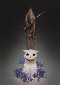 Rule 34 | :3, absurdres, animal focus, bell, black eyes, blue flower, blue spider lily, cat, chinese commentary, collar, commentary request, flower, full body, gradient background, grave, guang an, highres, looking at viewer, neck bell, red collar, red flower, sitting, sotoba, spider lily, white cat, yomawari (series), yomawari san