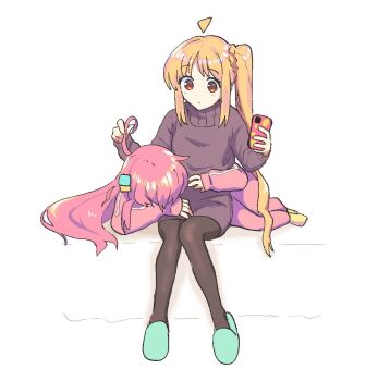 Rule 34 | 2girls, ahoge, alternate costume, black pantyhose, blonde hair, bocchi the rock!, cellphone, choppy bangs, closed mouth, commentary request, cube hair ornament, cuddling, dot nose, dress, gotoh hitori, green slippers, hair ornament, holding, holding another's hair, holding phone, ijichi nijika, jacket, long hair, long sleeves, looking at another, lying, multiple girls, no shoes, pants, pantyhose, phone, pink hair, pink jacket, purple pants, purple sweater, red eyes, side ponytail, sitting, slippers, smartphone, sweater, sweater dress, totobe, track jacket, very long hair, yuri