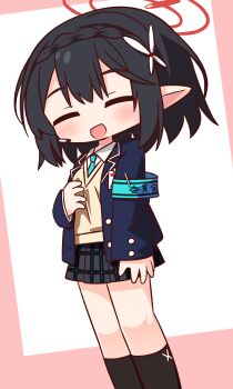 1girl :d ^_^ absurdres armband ayane_(blue_archive) black_hair black_skirt black_socks blue_archive blue_jacket blue_necktie blush closed_eyes commentary_request double-parted_bangs feet_out_of_frame halo hana_kazari hand_up highres jacket long_sleeves necktie open_clothes open_jacket open_mouth pleated_skirt pointy_ears red_halo school_uniform short_hair sidelocks skirt smile socks solo standing sweater white_background yellow_sweater