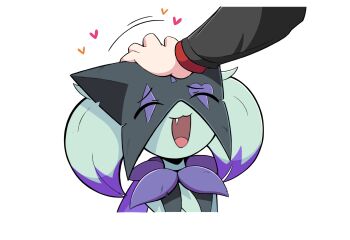 1boy 1girl :3 ^_^ alternate_color artist_self-insert body_fur closed_eyes colored_tips cropped_torso disembodied_hand fang furry furry_female green_fur green_hair hand_on_another's_head happy headpat heart highres long_sleeves meowscarada motion_lines mr._death multicolored_hair nintendo open_mouth original pokemon pokemon_(creature) purple_hair raised_eyebrows shiny_pokemon short_hair simple_background smile two-tone_hair upper_body white_background