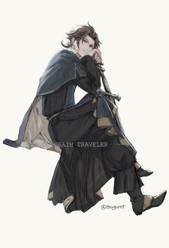 1boy artist_name black_eyes blue_cape brown_hair cape closed_mouth commentary_request copyright_name cyrus_albright full_body holding holding_sword holding_weapon looking_at_viewer male_focus octopath_traveler octopath_traveler_i simple_background sitting smile solo sword tsugarot twitter_username weapon white_background