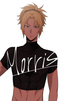 1boy bishounen commentary_request crop_top cropped_shirt fate/apocrypha fate_(series) genderswap genderswap_(ftm) highres hip_bones male_focus midriff mordred_(fate) ponytail shirt smile solo sumisu_miaki turtleneck turtleneck_shirt upper_body