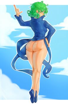 1girl absurdres ass black_dress breasts cloud curly_hair dress floating green_eyes green_hair hand_on_own_hip hand_up highres long_sleeves looking_at_viewer one-punch_man short_hair sky small_breasts solo tatsumaki thedayunboi