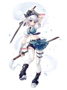 1girl 80isiiii absurdres adapted_costume belt black_hairband black_leg_warmers black_necktie blush closed_mouth collared_shirt commentary commission crop_top dual_wielding fingerless_gloves full_body gloves green_eyes green_skirt green_vest grey_hair hairband highres hitodama holding holding_sword holding_weapon konpaku_youmu konpaku_youmu_(ghost) leg_warmers medium_hair midriff navel necktie pantyhose puffy_short_sleeves puffy_sleeves shirt shoes short_sleeves skirt solo sword thigh_belt thigh_strap touhou vest watermark weapon white_pantyhose white_shirt