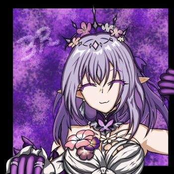 1girl castorice_(honkai:_star_rail) closed_mouth dress gloves hair_ornament highres honkai:_star_rail honkai_(series) looking_at_viewer mommyeden001 purple_hair simple_background smile solo