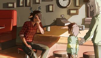 1boy 1girl 1other aged_down animal_ears antmsdkdleld arms_behind_back asriel_dreemurr black_eyes black_pants blush brown_hair clock counter cup day december_holiday deer_ears deer_girl deltarune elbow_rest fang flannel freckles furry furry_female furry_male goat_boy goat_ears grin horns indoors introduction kris_(deltarune) mug on_stool open_mouth pants red_shirt shirt short_hair shy sitting skin_fang smile standing stool utdr_(toby_fox) wall_clock