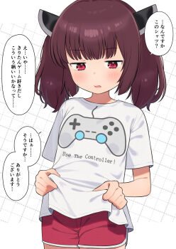 1girl absurdres commentary_request flat_chest headgear highres loli meis_(terameisu) red_eyes red_shorts shirt shorts solo touhoku_kiritan translated twintails voiceroid white_shirt
