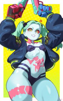 1girl absurdres anger_vein arms_up artificial_eye black_bra black_jacket black_panties border bra breasts clenched_teeth colored_sclera colored_skin commentary cowboy_shot curvy cyberpunk:_edgerunners cyberpunk_(series) cyborg dual_wielding english_commentary fewer_digits finger_on_trigger gradient_background green_hair gun handgun highres holding holding_gun holding_weapon ishoo4536 jacket leg_tattoo long_hair long_sleeves looking_at_viewer neck_tattoo open_clothes open_jacket outside_border panties pink_tattoo puffy_long_sleeves puffy_sleeves rebecca_(cyberpunk) red_pupils red_sclera samurai_jacket_(cyberpunk) shiny_skin short_eyebrows small_breasts solo standing stomach_tattoo tattoo teeth thong twintails underwear v-shaped_eyebrows weapon white_border wide_hips yellow_background