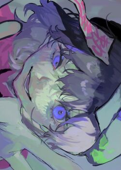 1girl colored_skin commentary_request grey_background grey_hat grey_skin hat highres jiangshi looking_at_viewer miyako_yoshika newsboy_cap ofuda open_mouth portrait purple_eyes purple_hair red_shirt shinjitsu_no_kuchi shirt short_hair sideways smile solo touhou