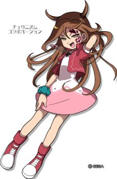 1girl aqua_scrunchie boots brown_eyes brown_hair chunithm copyright_notice dress facial_tattoo hair_between_eyes hand_in_own_hair heart heart_tattoo jacket jewelry kagami_tina long_hair mushiking necklace official_art open_clothes open_jacket open_mouth pendant pink_jacket red_boots scrunchie shin_kouchuu_ouja_mushiking shirataki solo tattoo translation_request two_side_up white_background wrist_scrunchie