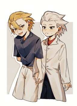0a_9_(pixiv82791714) 2boys aged_down arm_behind_back black_pants black_shirt blonde_hair blush border coat collared_shirt cropped_legs dr._stone grey_eyes grey_hair hair_between_eyes holding_hands interlocked_fingers long_sleeves male_focus multiple_boys open_mouth outside_border pants red_shirt shirt short_hair short_sleeves smile spiked_hair stanley_snyder_(dr.stone) sweatdrop white_border white_coat white_hair xeno_(dr.stone) yaoi yellow_eyes
