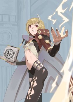 Rule 34 | 1girl, absurdres, asymmetrical clothes, asymmetrical pants, black bridal gauntlets, black leggings, blonde hair, book, bridal gauntlets, brown cape, cape, citrinne (fire emblem), closed mouth, clothing cutout, crop top, fingernails, fire emblem, fire emblem engage, hair ornament, highres, holding, holding book, kucheat zg, leg cutout, leggings, looking at viewer, midriff, nail polish, navel, nintendo, o-ring, o-ring legwear, red eyes, sage outfit (fire emblem engage), sharp fingernails, single pantsleg, stomach cutout, wing hair ornament