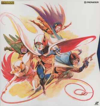 1970s_(style) 1girl 4boys abs absurdres bodysuit cape gatchaman glasses helmet highres holding holding_weapon jinpei_the_swallow joe_the_condor jun_the_swan ken_the_eagle lipstick looking_at_viewer makeup multiple_boys official_art oldschool retro_artstyle ryu_the_owl scan shaded_face skirt smile tatsunoko_production teamwork weapon