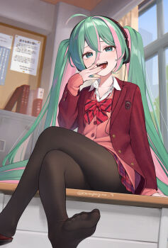 1girl black_pantyhose bow bowtie crossed_legs feet hatsune_miku highres jacket kanpa_(campagne_9) laughing looking_at_viewer pantyhose plaid_clothes plaid_skirt pov red_bow red_bowtie red_jacket red_skirt school_uniform shoes single_shoe skirt solo thighs toes vocaloid