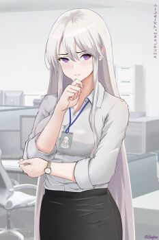 1girl absurdres alternate_costume artist_name azur_lane breasts cabinet chair chieftain_art13 closed_mouth collared_shirt computer computer_tower cowboy_shot cubicle desk dress_shirt english_text enterprise_(azur_lane) file_cabinet finger_to_own_chin formal_clothes hand_on_own_chin highres id_card indoors lanyard laptop large_breasts long_hair monitor office office_chair office_lady pencil_skirt purple_eyes shirt shirt_tucked_in sidelocks skirt sleeves_rolled_up solo swivel_chair thinking very_long_hair watch white_hair white_shirt