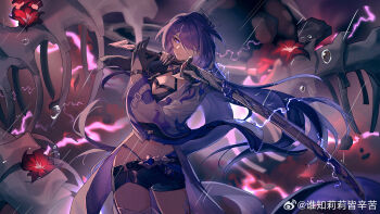 1girl absurdres acheron_(honkai:_star_rail) bandaged_leg bandages belt black_belt black_gloves black_hole black_shorts breasts chain chain_around_arm cleavage closed_mouth coat coattails commentary cowboy_shot criss-cross_halter debris earrings electricity flower gloves hair_intakes hair_ornament hair_over_one_eye halterneck highres holding holding_sword holding_weapon honkai:_star_rail honkai_(series) jewelry large_breasts leg_tattoo long_hair looking_at_viewer midriff multicolored_hair navel purple_eyes purple_hair rain red_flower scabbard sheath sheathed short_shorts shorts single_wide_sleeve solo streaked_hair sword szlljxk tattoo thighs very_long_hair water_drop watermark weapon weibo_watermark white_coat