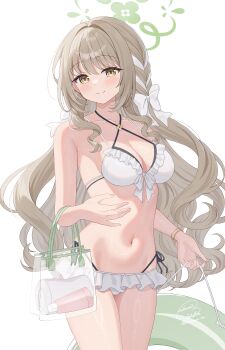 Rule 34 | 1girl, bare shoulders, bikini, blue archive, blush, braid, breasts, cleavage, closed mouth, collarbone, commentary request, frilled bikini, frills, green halo, hair between eyes, hair ribbon, halo, highres, kurumi lm, layered bikini, long hair, looking at viewer, medium breasts, miyo (blue archive), multi-strapped bikini bottom, multi-strapped bikini top, navel, ribbon, ribbon braid, smile, solo, stomach, swimsuit, white bikini, white ribbon, yellow eyes