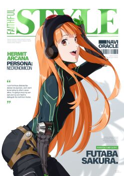 1girl :d absurdres arm_up black_bodysuit blunt_bangs bodysuit breasts brown_eyes cover elbow_pads english_text fake_magazine_cover from_side gloves goggles goggles_on_head highres leaning_forward long_hair looking_at_viewer magazine_cover open_mouth oracle_(persona_5) orange_hair persona persona_5 rifyaa sakura_futaba small_breasts smile solo source_quote teeth turtleneck upper_teeth_only very_long_hair