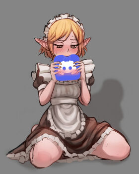 apron blonde_hair blush breasts brown_eyes commentary discord discord_logo elf english_commentary grey_background highres holding liliacineris maid maid_apron maid_headdress original pointy_ears saliva shadow short_hair sitting small_breasts sweat wariza