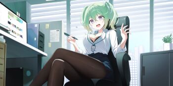 1girl absurdres black_bra black_pantyhose blue_skirt bouncing_breasts bra bra_peek breasts bursting_breasts chair cleavage collared_shirt crossed_bangs crossed_legs desk eyelashes feet_out_of_frame flying_button green_hair hair_between_eyes hands_up hashtag-only_commentary highres holding holding_pen lanyard large_breasts long_sleeves monitor motion_blur motion_lines multicolored_hair office office_chair office_lady on_chair open_mouth pantyhose pen pencil_skirt popped_button purple_eyes shirt sitting skirt solo stellive streaked_hair surprised swivel_chair twintails underwear virtual_youtuber wardrobe_malfunction white_shirt white_streaks window window_blinds wing_collar yt9676 yuzuha_riko