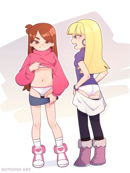 2girls angry ass black_thighhighs blonde_hair blue_skirt blush boots bra bracelet breasts brown_eyes brown_hair clothes_lift clothes_pull disney earrings eyes_visible_through_hair from_behind gravity_falls grey_skirt heart heart_print highres hoop_earrings jewelry keitoons_art loli long_hair long_sleeves looking_at_another looking_at_viewer looking_back mabel_pines multiple_girls navel open_mouth pacifica_northwest panties pink_boots pink_sweater print_boots purple_boots purple_eyes purple_shirt shirt short_sleeves skirt skirt_pull small_breasts smile socks standing sweater sweater_lift thighhighs underwear white_background white_bra white_panties white_socks
