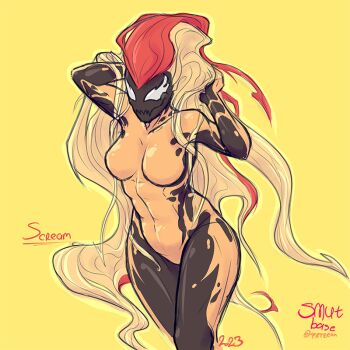 alien artist_name black_bodysuit black_skin blonde_hair bodysuit breasts character_name colored_skin commentary covered_abs cowboy_shot dated english_commentary english_text fangs hands_in_own_hair living_clothes long_hair marvel medium_breasts monster_girl multicolored_bodysuit multicolored_skin muscular muscular_female orange_bodysuit orange_skin outline patreon_username red_hair science_fiction scream_(marvel) sharp_teeth skin_fangs slime_girl slime_hair smutbase solo spider-man_(series) superhero_costume symbiote teeth two-tone_bodysuit two-tone_skin variant_set very_long_hair white_eyes yellow_background yellow_outline