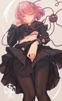 1girl absurdres alternate_costume artist_logo black_hairband black_pantyhose black_serafuku commentary_request eyeball feet_out_of_frame from_below grey_background hair_ornament hairband heart heart_hair_ornament highres komeiji_satori logo looking_at_viewer navel neckerchief pantyhose pink_eyes pink_hair pleated_skirt red_neckerchief school_uniform senzaicha_kasukadoki serafuku short_hair skirt skirt_tug solo stomach third_eye touhou wind wind_lift