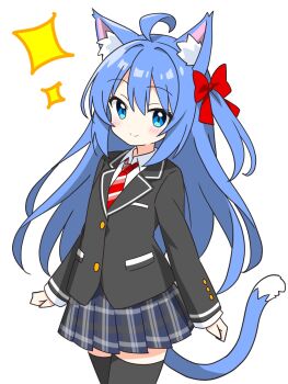 Rule 34 | 1girl, ahoge, animal ears, black jacket, black thighhighs, blazer, blue-haired cat girl (kotatsu-mazoku), blue eyes, blue hair, blue skirt, blush, bow, buttons, cat ears, cat girl, cat tail, closed mouth, collared shirt, commentary request, cowboy shot, dot nose, double-parted bangs, hair bow, highres, jacket, kotatsu-mazoku, layered sleeves, long hair, long sleeves, looking at viewer, miniskirt, necktie, one side up, original, plaid clothes, plaid skirt, pleated skirt, red bow, red necktie, school uniform, shirt, simple background, skirt, smile, solo, sparkle, striped clothes, striped necktie, tail, thighhighs, white background, white shirt, zettai ryouiki