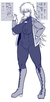 1girl amazon_(taitaitaira) bodysuit boots breasts earrings hat high_boots high_heels highres jacket japanese_text jewelry large_breasts long_hair looking_to_the_side monochrome open_clothes open_jacket open_mouth original ribbon_trim simple_background sketch skirt spiked_hair tagme thick_thighs thighs tight_clothes tight_skirt translation_request very_long_hair white_background