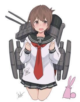 Rule 34 | 1girl, absurdres, black sailor collar, black skirt, blush, brown eyes, brown hair, cannon, commentary, cowboy shot, dated, highres, inazuma (kancolle), inica, kantai collection, long sleeves, necktie, open mouth, pleated skirt, rabbit, red necktie, rigging, sailor collar, school uniform, serafuku, ship turret, shirt, short hair, signature, simple background, skirt, smile, smokestack, solo, torpedo launcher, white background, white shirt