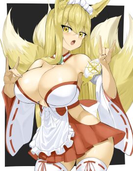 1girl absurdres animal_ears apron bare_shoulders blonde_hair breasts cleavage clothing_cutout cowboy_shot detached_sleeves fox_ears fox_girl fox_shadow_puppet fox_tail goma. highres hip_vent hirume_of_heavenly_incense kitsune large_breasts last_origin long_hair looking_at_viewer maid_apron maid_headdress multiple_tails nontraditional_miko open_mouth pleated_skirt skirt solo tail thighhighs very_long_hair yellow_eyes