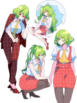 1girl alternate_costume alternate_hairstyle ascot black_shoes closed_mouth expressionless full_body green_eyes green_hair hair_between_eyes high_heels highres holding holding_umbrella jacket jacket_on_shoulders kazami_yuuka long_hair looking_at_viewer medium_hair multiple_views neckerchief necktie pants pantyhose plaid_clothes plaid_jacket plaid_pants plaid_skirt plaid_vest red_eyes red_jacket red_shoes shirt shoes short_sleeves simple_background sitting skirt sleeveless sleeveless_shirt squatting tohoyuukarin touhou umbrella variations vest white_background white_shirt yellow_ascot yellow_neckerchief yellow_necktie