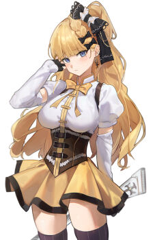 1girl absurdres arm_behind_back black_bow black_thighhighs blonde_hair blue_eyes bow braid breasts closed_mouth corset cosplay cowboy_shot detached_sleeves fingerless_gloves gloves gun hair_bow hand_up hashtag-only_commentary highres holding holding_gun holding_weapon large_breasts long_hair looking_at_viewer magical_girl magical_musket mahou_shoujo_madoka_magica mahou_shoujo_madoka_magica_(anime) mahou_shoujo_no_majo_saiban mole mole_under_eye natsuko_iman neck_ribbon one_side_up puffy_short_sleeves puffy_sleeves ribbon rifle saeki_miria shirt short_sleeves simple_background skirt solo standing striped_clothes striped_thighhighs sweatdrop thighhighs tomoe_mami tomoe_mami_(cosplay) tomoe_mami_(magical_girl) vertical-striped_clothes vertical-striped_thighhighs weapon white_background white_shirt yellow_ribbon yellow_skirt