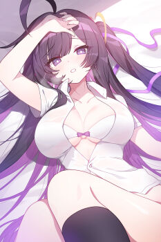1girl ahoge apple_caramel arm_support bed_sheet black_hair black_socks blush bra breasts chitose_(stella_sora) collarbone collared_shirt colored_inner_hair commentary_request hair_ribbon highres large_breasts long_hair looking_at_viewer lying multicolored_hair parted_lips purple_eyes purple_hair ribbon shirt short_sleeves socks solo stella_sora two-tone_hair underwear very_long_hair white_bra white_shirt
