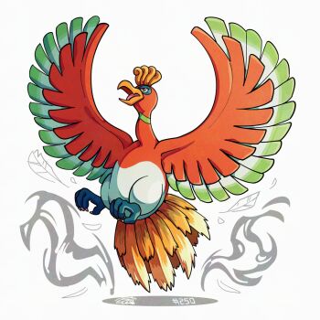 beak bird feathered_wings flying gen_2_pokemon ho-oh legendary_pokemon mistray-art nintendo no_humans numbered open_mouth pokemon pokemon_(creature) simple_background solo white_background wings