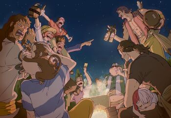 1girl 6+girls abs aged_down arm_up barrel benn_beckman bonk_punch child commentary_request drunk hair_over_one_eye hat highres holding_barrel hongou_(one_piece) limejuice_(one_piece) long_hair lucky_roux monkey monster_(one_piece) multicolored_hair multiple_girls night one_piece one_piece_film:_red open_mouth orange_sash ponytail red_hair sash shanks_(one_piece) sharp_teeth shirt sky sleeping straw_hat striped_clothes striped_shirt tanaka_(tanakya123) teeth two-tone_hair uta_(one_piece) vertical-striped_clothes vertical-striped_shirt white_hair yasopp