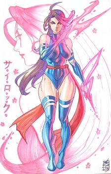 1girl acecore2k ahoge blue_boots blue_bridal_gauntlets blue_leotard boots breasts bridal_gauntlets character_name commentary earrings energy_sword english_commentary full_body highres hoop_earrings jewelry large_breasts leotard long_hair looking_at_viewer marker_(medium) marvel parted_lips pen_(medium) pink_eyes profile psylocke purple_hair red_sash sash scar scar_across_eye scar_on_face solo sword thigh_boots thigh_strap traditional_media waist_sash weapon white_background x-men